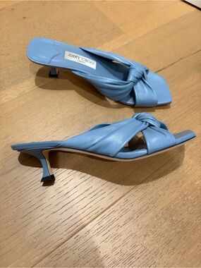 Jimmy Choo Light Blue Knotted Leather Slide Mules